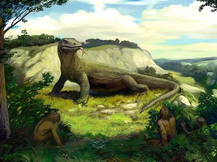 Họ hàng với rồng Komodo. Kỳ đà khổng lồ thuộc chi Varanus, cùng nhóm với rồng Komodo hiện đại. Điều này cho thấy nó có thể sở hữu lối săn mồi tương tự, dựa vào sức mạnh, tốc độ và khả năng theo dõi con mồi bền bỉ. Ảnh: Pinterest.