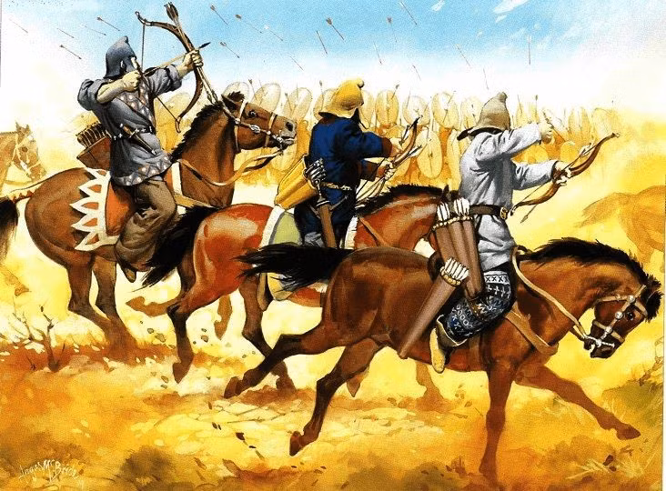 3. Người Parthia bắn tên "không bao giờ hết". Quân Parthia sử dụng lạc đà để vận chuyển hàng ngàn mũi tên, cho phép cung thủ thay tên liên tục và duy trì áp lực suốt cả ngày – một chiến thuật khiến quân La Mã kiệt sức. Ảnh: Pinterest.