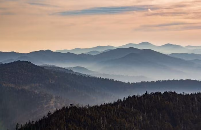 Tên gọi Great Smoky (Khói Lớn) đến từ làn sương xanh đặc trưng. Hơi nước từ cây cối tạo thành màn sương mờ xanh biếc che phủ núi rừng quanh năm. Ảnh: Pinterest.