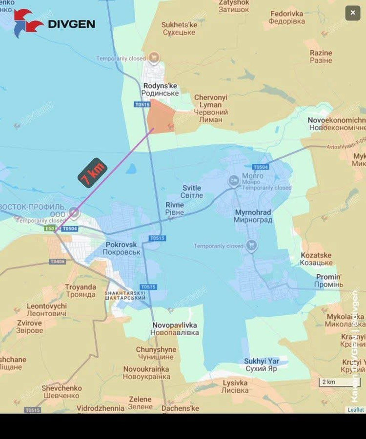 そのため、現在、ポクロフスクにおけるロシア空軍の二つの「東西」挟撃はわずか7キロメートルしか離れていない。このような狭い通路では、あらゆる種類の火力、特に無人機(FPV)は、ウクライナ軍のあらゆる行動を24時間365日完全に制御することができる。 7.jpg
