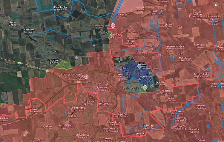 Televizní kanál Rybar informuje, že na frontě Pokrovsk - Mirnograd postupně končí operace na likvidaci celé ukrajinské posádky obklíčené v městské oblasti Mirnograd. Ve městě zbývá stále méně ukrajinských vojáků a fronta se dále posouvá na sever. 1.jpg