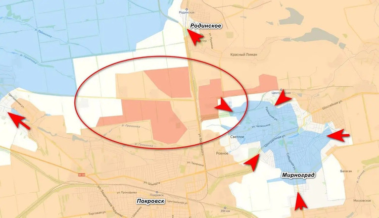 Son bilgilere göre Ukrayna ordusu (AFU), Mirnorad'daki kuşatmadan kurtulma şansını bile kaybetmiş durumda. Zira RFAF, Pokrovsk'un kuzeyinde Rodinske kasabasına doğru önemli ilerlemeler kaydederek gri bölgenin bir bölümünü daha kontrol altına almış ve Mirnorad'dan kaçış yollarını tamamen kapatmış durumda. 2.jpg