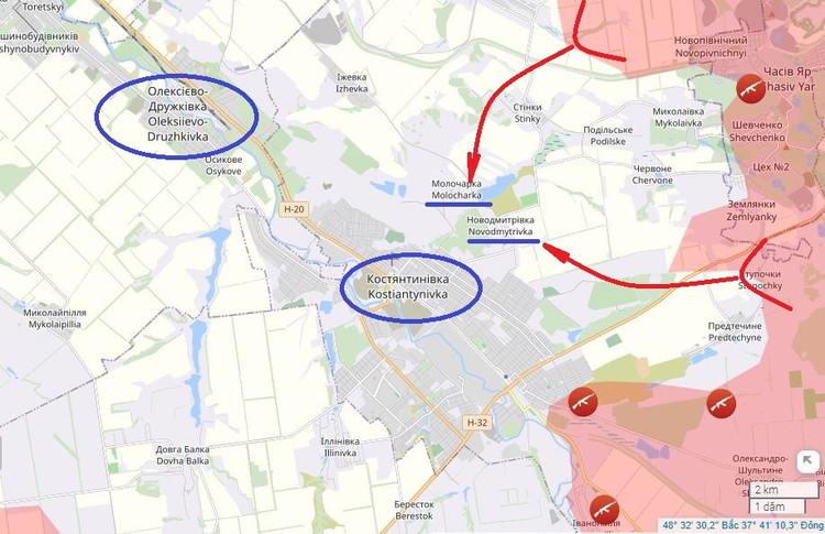 Dengan pasukan RFAF yang menembus kota Druzhkovka dari selatan, pasukan Ukraina di Konstantinovka berada dalam situasi kritis. Satu-satunya tempat di mana Staf Umum AFU dapat memobilisasi pasukan untuk melawan terobosan Divisi Lintas Udara ke-98 adalah wilayah Malocharka dan Novodmitrovka, di utara Kostiantynivka. Brigade Serbu Terpisah ke-5 dan Brigade Senapan AFU ke-112 telah dikerahkan di sana. 9.jpg