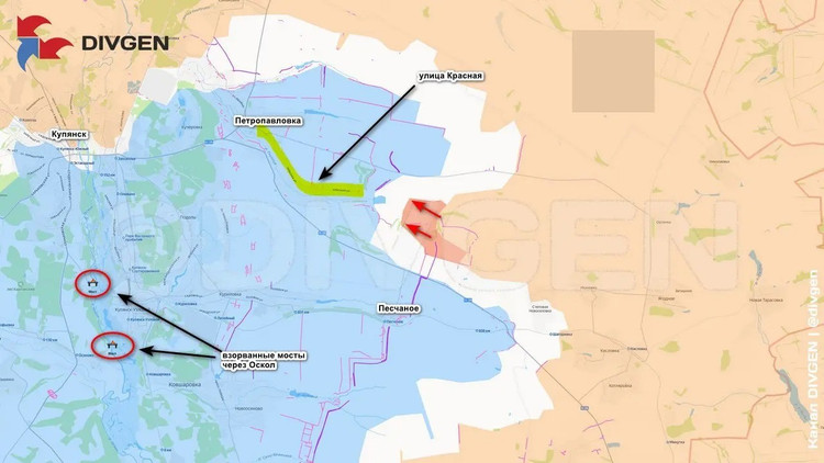 Hier haben die Russen die ukrainischen Verteidigungslinien durchbrochen und bauen ihre Brückenkopfstellungen weiter aus. Wenn sie in diese Richtung weiter vorrücken, werden sie den Gnilitsa-Stausee und den Oskil-Fluss sowie die Krasnaja Petropawliwka-Straße erreichen. Derzeit beträgt die Entfernung zwischen den von den Russen eroberten Stellungen und dem Rand dieses Dorfes weniger als 2 km. 6-1638.jpg