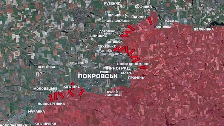 Mezitím kyjevské vládní analytické zdroje zveřejnily „vlastní“ verzi mapy Doněcku, podle níž se RFAF nejen nepodařilo Pokrovsk dobýt, ale dokonce do něj ani nevstoupily. Pokud jde o Mirnohrad, podle „expertů“ posádka města stále pokračuje ve své „hrdinské obraně“. 12.jpg