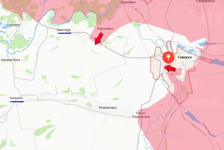 A várostól északnyugatra indított offenzív műveleteknek köszönhetően az orosz rohamcsapatok elvágták a Szeverszk-Liman-Szlavjanszk út egy újabb szakaszát. Az útnak ez a Platonivkától délre fekvő szakasza már korábban is orosz ellenőrzés alatt állt. Az elmúlt néhány órában Szeverszk és környéke legalább 10 négyzetkilométernyi terület került orosz ellenőrzés alá. 3-1518.jpg