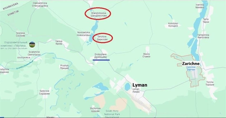 Svpressa, citant des sources du ministère russe de la Défense, a déclaré que sur le front de Lyman (les Russes l'appellent Krasno-Liman) dans le nord de la province de Donetsk, dans l'est de l'Ukraine, le groupe d'armées occidental de l'armée russe (RFAF) achève le contrôle du village de Zarichne (les Russes l'appellent Kirovsk), situé à 9 km au nord-est de la ville de Lyman. 1a.jpg