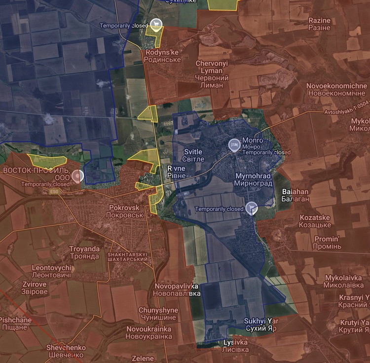 កងពលតូចទី 155 មានទីតាំងនៅភាគខាងជើងនៃតំបន់ទីក្រុង Pokrovsk ហើយកងពលតូចទ័ពអាកាសទី 79 មានទីតាំងនៅភាគខាងត្បូងនៃ Myrnohrad ។ កងពលតូចទាំងពីរនេះកំពុងខិតជិតចំណុចប្រសព្វ ដោយសារសម្ពាធពីខាងជើង និងខាងត្បូងនៃកម្លាំងរុស្ស៊ី។ កងពលតូច Jäger ទី 68 ស្ថិតនៅក្នុងទីតាំងដែលមានសុវត្ថិភាពបំផុត ព្រោះវានៅជិតបំផុតទៅនឹងគម្លាតនៅក្នុងការឡោមព័ទ្ធ។ 14.jpg