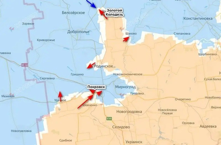 Después de ganar un punto de apoyo, las tropas rusas, apoyadas por la fuerza aérea táctica, fuego de artillería y vehículos aéreos no tripulados FPV, continuaron atacando la aldea de Zolotyi Kolodyaz, ubicada en el punto  2.jpg
