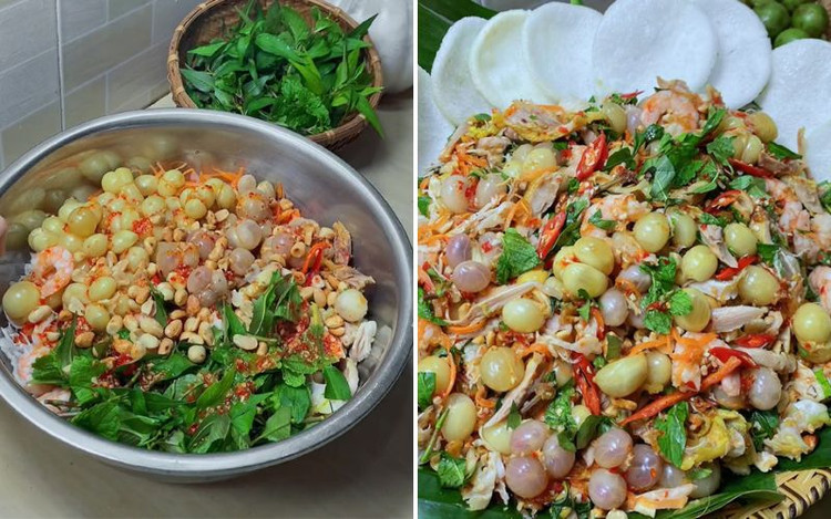 Món gỏi gà dâu da sẽ thêm đậm vị hơn khi ăn cùng bánh phồng tôm, cơm trắng. Ảnh: internet.