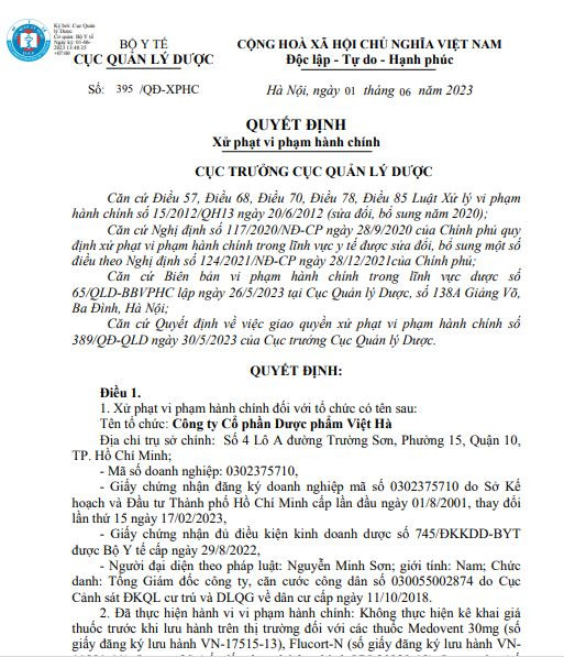 Xử phạt vi phạm hành chính 100 triệu đồng đối với Công ty Cổ phần Dược phẩm Việt Hà