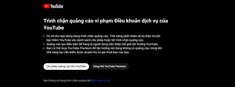 Nội dung thông báo hiển thị khi người dùng sử dụng trình chặn quảng cáo với YouTube.