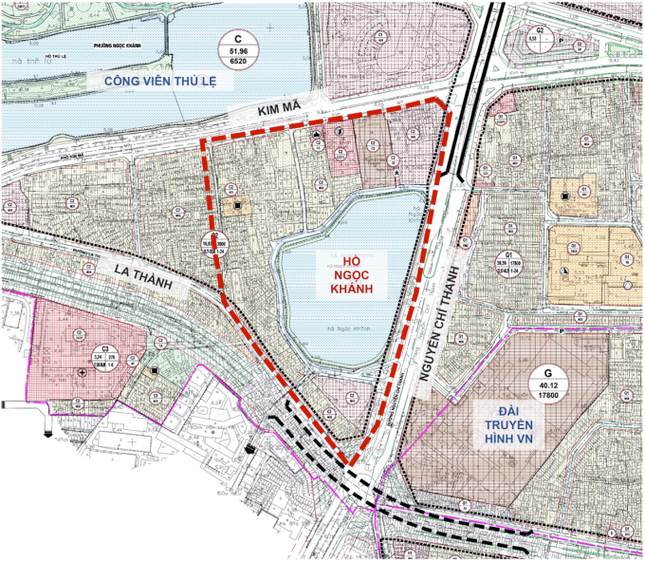 Khu vực nghiên cứu đề án Khu phố kinh doanh dịch vụ - đi bộ khu vực hồ Ngọc Khánh. Ảnh: UBND quận Ba Đình.