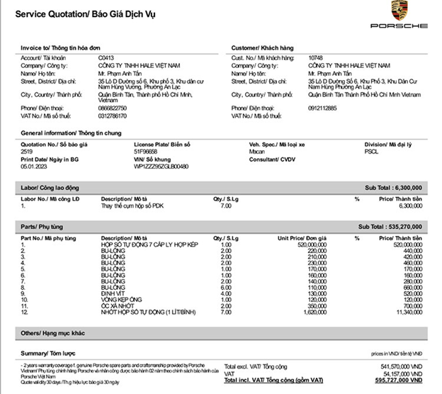 Hoá đơn thông báo chiếc Macan phải thay bộ hộp số gần 600 triệu đồng.