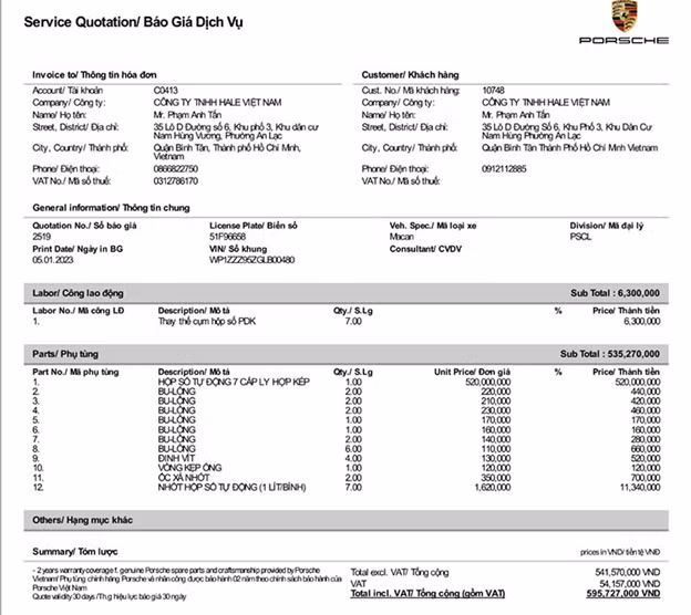 Hoá đơn thông báo chiếc Macan phải thay bộ hộp số gần 600 triệu đồng.
