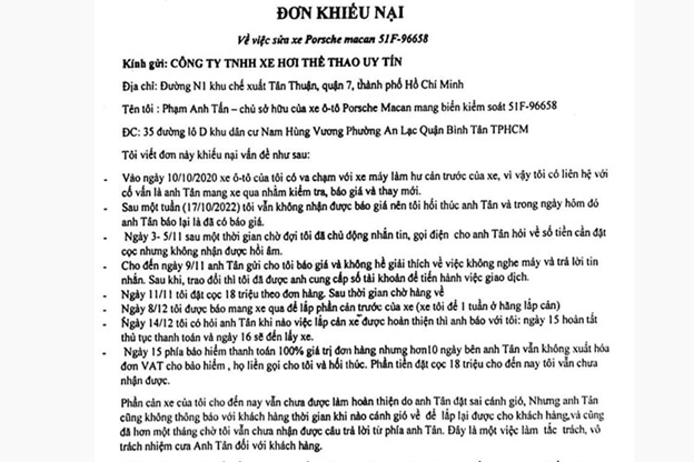 Đơn khiếu nại của Phạm Anh Tấn gửi Porsche Việt Nam.