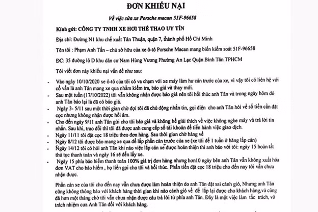 Đơn khiếu nại của Phạm Anh Tấn gửi Porsche Việt Nam.