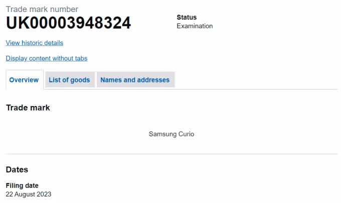 Đơn đăng ký nhãn hiệu hé lộ thiết bị có tên Samsung Curio. Ảnh: Sammobile.