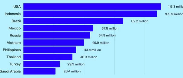 Top 10 quốc gia có lượng người dùng TikTok nhiều nhất thế giới (Nguồn: DataReportal).
