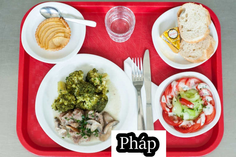 Học sinh nội trú tại trường học của Pháp thường có bữa trưa điển hình 4 món phong phú. Món khai vị thường là salad rau tươi, tiếp theo đó học sinh được bổ sung protein từ cá kèm với bông cải xanh. Tất nhiên không thể thiếu những món yêu thích của lũ trẻ như pho mát mềm, mứt hoa quả và bánh mì tươi. Ảnh: internet.
