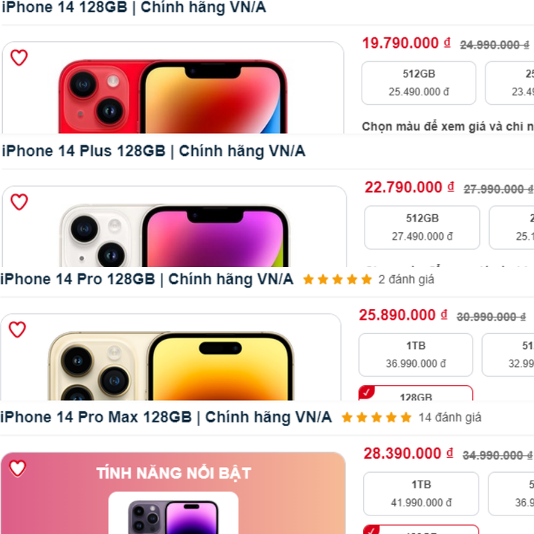 Giá iphone 14 series ở Việt Nam hiện nay đang rất tốt so với các thị trường khác - Ảnh:chụp màn hình cellphones.