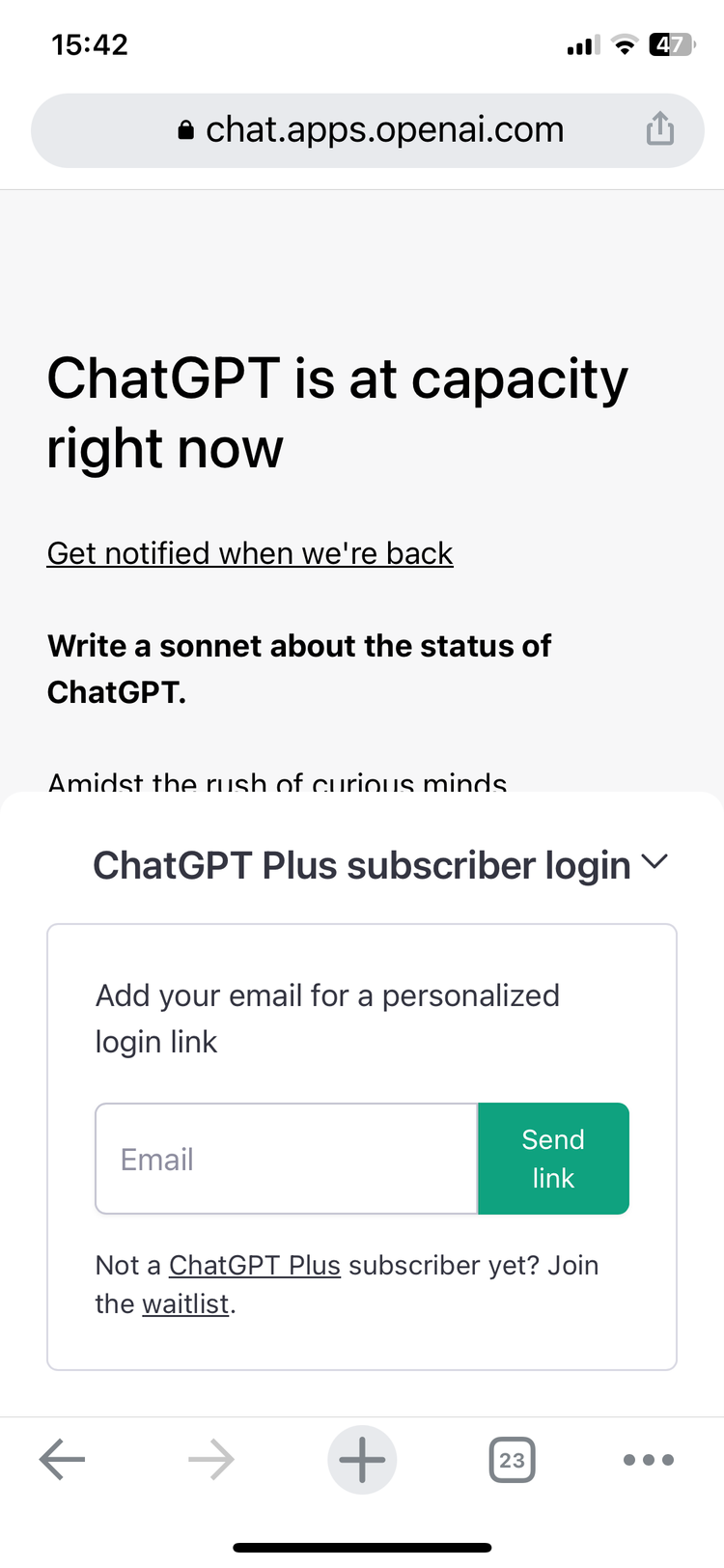 Vào website chat.openai.com trên điện thoại iPhone - Ảnh:chụp màn hình. Vào website chat.openai.com trên điện thoại iPhone - Ảnh:chụp màn hình.