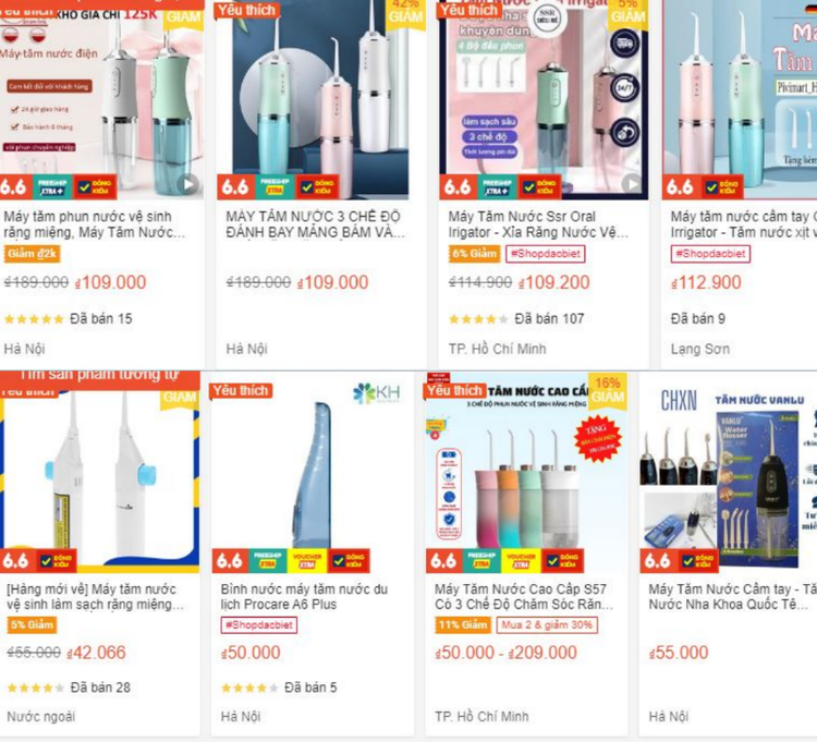 Nhiều máy tăm nước có giá rẻ bất ngờ được bán tràn lan trên trang thương mại điện tử shopee với giá 109.000 đồng. Ảnh: Chụp màn hình. Nhiều máy tăm nước có giá rẻ bất ngờ được bán tràn lan trên trang thương mại điện tử shopee với giá 109.000 đồng. Ảnh: Chụp màn hình.