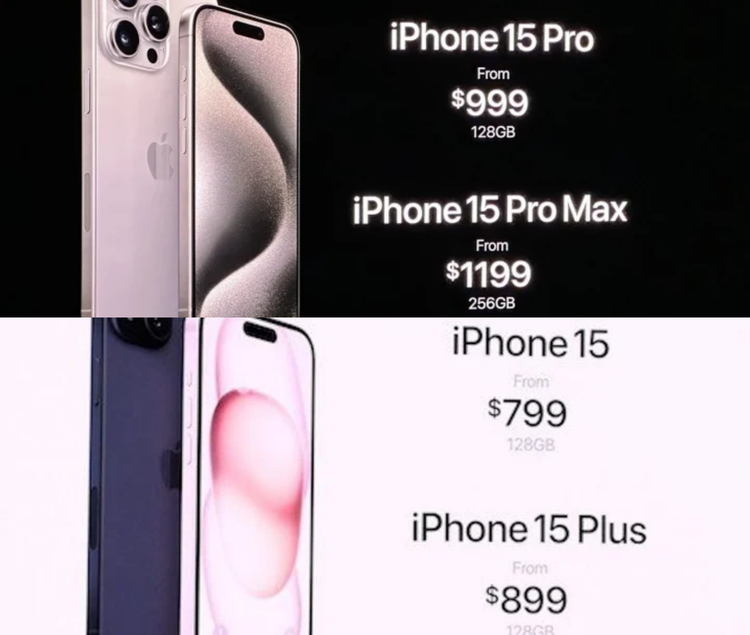Giá bán iPhone 15 và 15 Plus, iPhone 15 Pro và 15 Pro Max.
