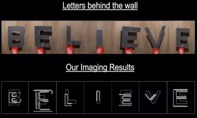 Chữ BELIEVE đặt sau bức tường (trên) và ảnh chụp bằng sóng WiFi (dưới). Ảnh: UC Santa Barbara
