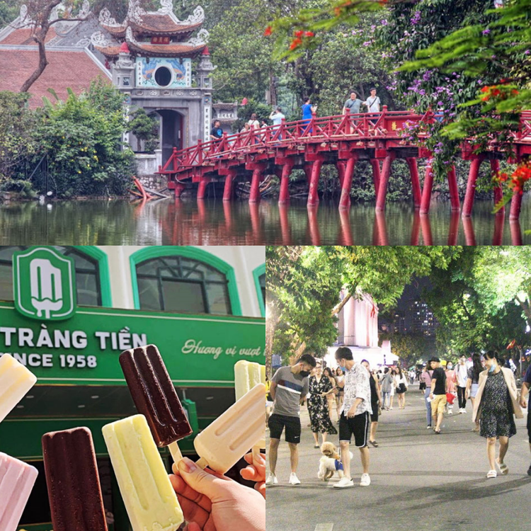 Xung quanh khu vực Hồ Gươm có rất nhiều nơi để bạn có thể ghé qua chẳng hạn như Đền Ngọc Sơn ngay trên một hòn đảo nhỏ của Hồ Hoàn Kiếm, kem Tràng Tiền, kem Thủy Tạ, Tháp Rùa, Tháp Bút, cầu Thê Húc hay ngay gần đấy, bạn cũng có thể đi bộ ra Nguyễn Xí, Đinh Lễ để chọn cho mình một bộ sách thật hay. Ảnh: internet.