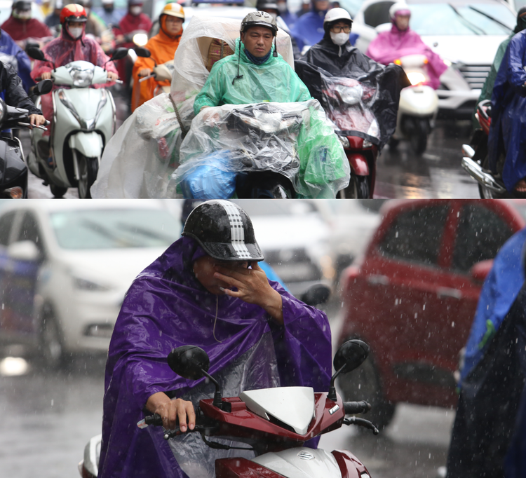 Cảnh ùn tắc cùng mưa lớn trong giờ cao điểm buổi sáng khiến nhiều người lao động, công chức đi làm gặp khó.