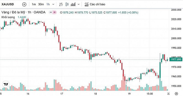 Biểu đồ biến động giá vàng trong tuần qua. Ảnh: Kitco.