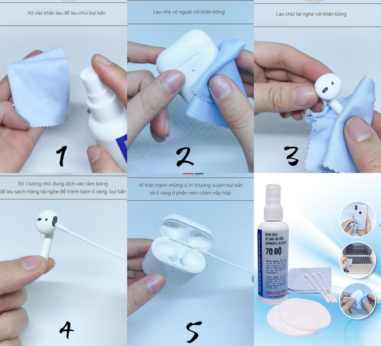 Quy trình vệ sinh tai nghe không dây đơn giản với sản phẩm vệ sinh chuyên nghiệp.