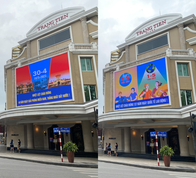 Những bức tranh cổ động khổ lớn được trang trí trên khu thương mại Tràng Tiền Plaza.