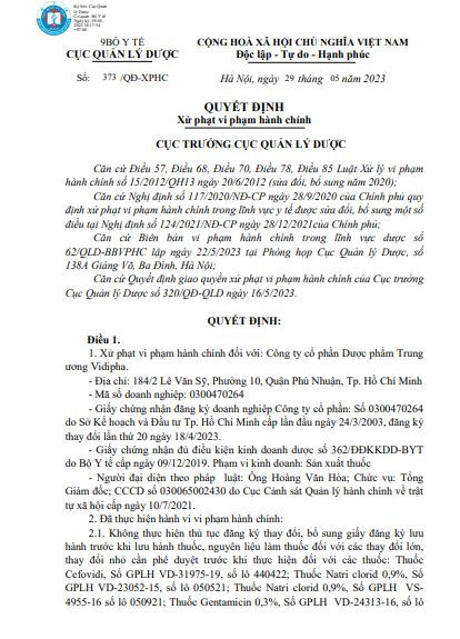 Xử phạt vi phạm hành chính đối với Công ty cổ phần Dược phẩm Trung ương Vidipha - Ảnh chụp màn hình