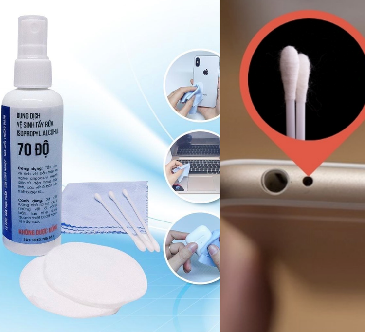 Vệ sinh jack cắm tai nghe iPhone bằng sản phẩm cồn vệ sinh chuyên nghiệp cùng với tăm bông.