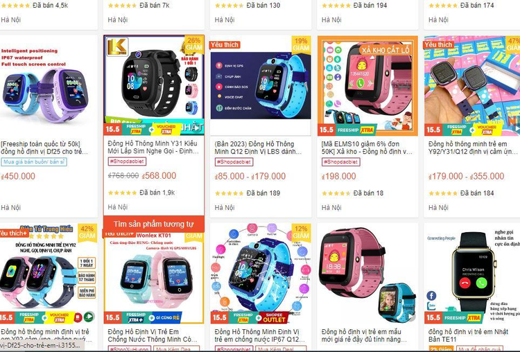 Đồng hồ thông minh trẻ em được bán tràn lan trên một trang thương mại điện tử. Ảnh chụp màn hình.