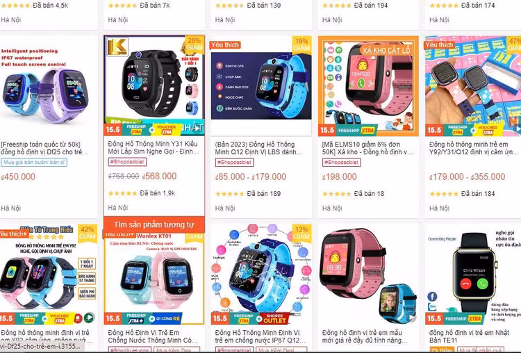 Đồng hồ thông minh trẻ em được bán tràn lan trên một trang thương mại điện tử. Ảnh chụp màn hình.