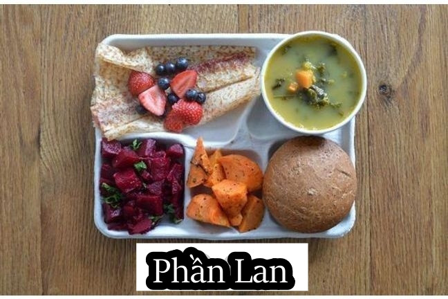 Khẩu phần ăn trưa ở Phần Lan được đánh giá là lành mạnh nhất, do nhu cầu sức khỏe được đặt lên hàng đầu. Học sinh Phần Lan sẽ thưởng thức súp đậu, salad cà rốt và củ cải đường, với một chiếc bánh thêm dâu tây và quả mọng. Ảnh: Doctissimo.