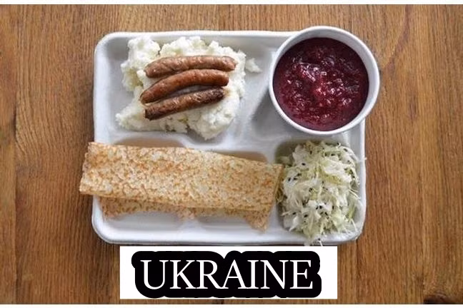 Trong căng tin ở Ukraine, các học sinh sẽ có khoai tây nghiền với xúc xích, salad trộn và sốt củ dền. Ảnh: Doctissimo.