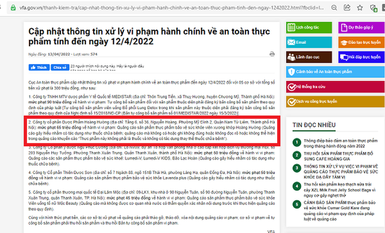 Trong số các doanh nghiệp bị xử phạt, có Công ty cổ phần Dược phẩm Hoàng Hường bị phạt 65 triệu đồng. (Ảnh chụp màn hình).