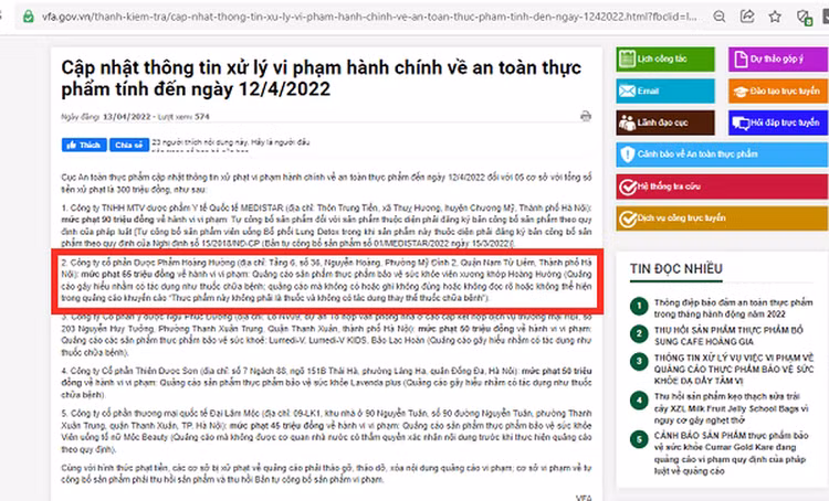 Trong số các doanh nghiệp bị xử phạt, có Công ty cổ phần Dược phẩm Hoàng Hường bị phạt 65 triệu đồng. (Ảnh chụp màn hình).