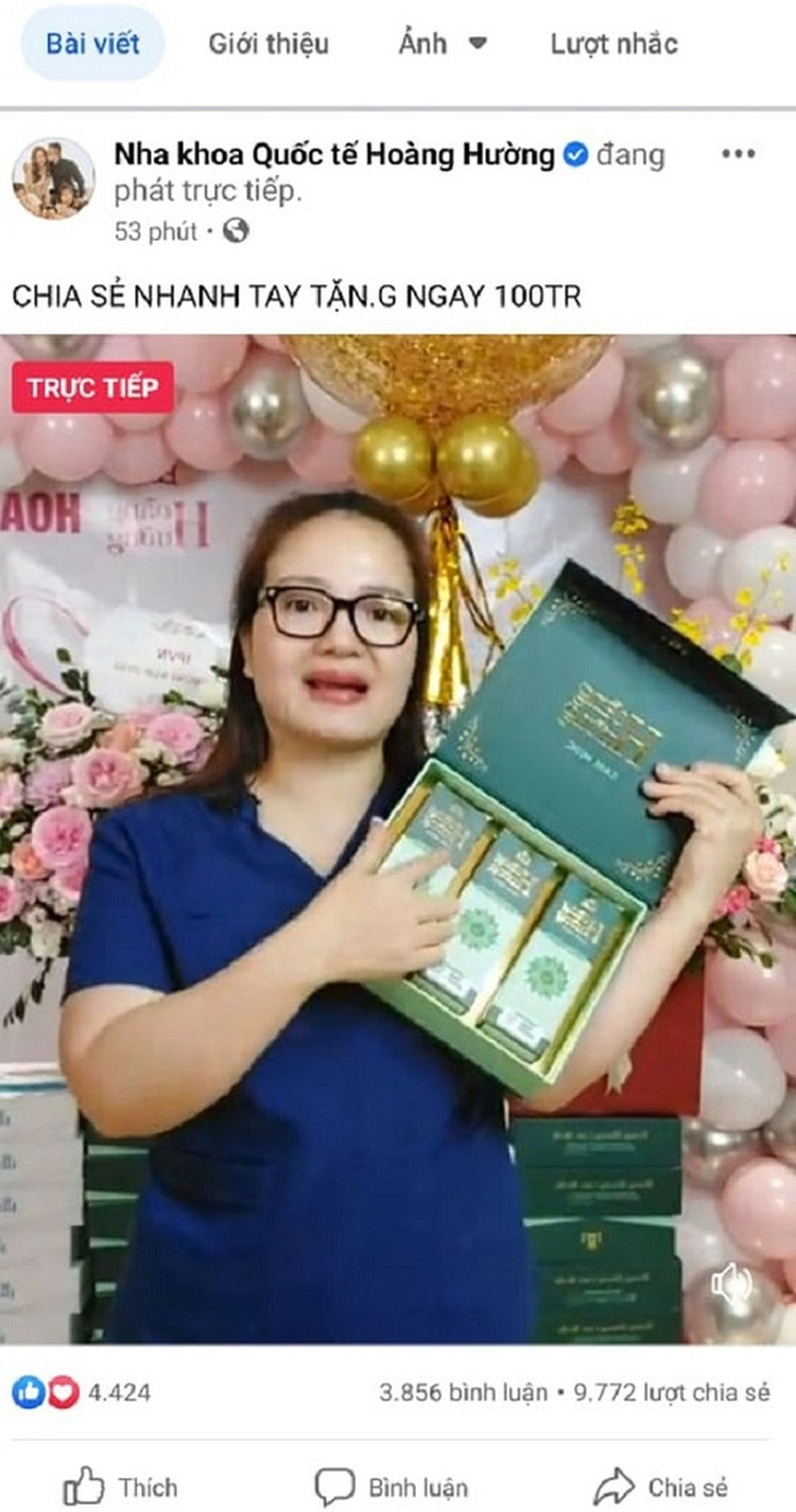 Trên Facebook bà Hường quảng cáo "nổ" công dụng nước súc miệng, họng Hoàng Hường Care Medic như thuốc. (Ảnh chụp màn hình).