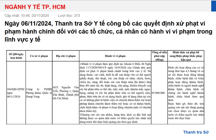 Thông tin xử phạt Công ty TNHH phòng khám quốc tế Dong Yang của Thanh tra Sở Y tế TP HCM - Ảnh chụp màn hình.