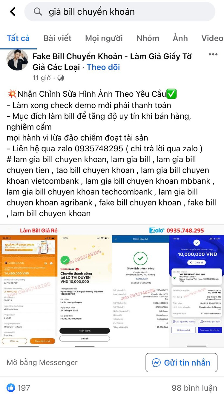 Mạng xã hội Facebook cũng xuất hiện hàng loạt hội nhóm chuyên mua bán và tạo hóa đơn chuyển tiền giả