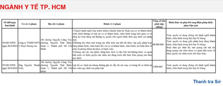 Thông tin xử phạt Công ty TNHH MTV Y Dược Hoàng Gia của Thanh tra Sở Y tế TP HCM - Ảnh chụp màn hình