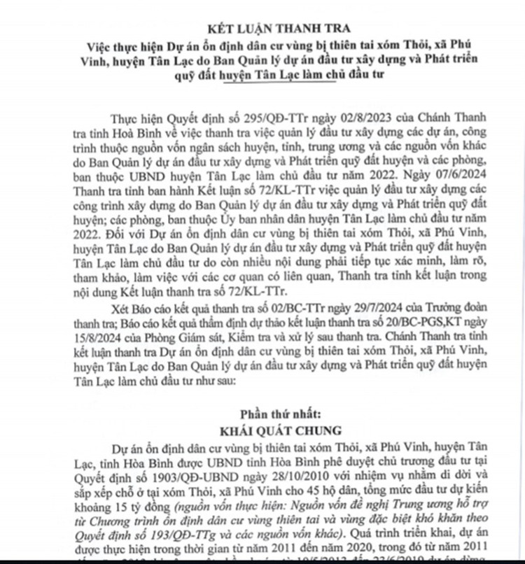 Một phần kết luận Thanh tra việc thực hiện dự án ổn định dân cư vùng bị thiên tai tại xóm Thỏi.