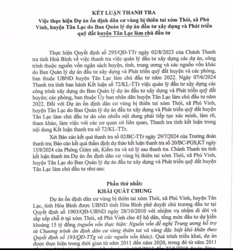 Một phần kết luận Thanh tra việc thực hiện dự án ổn định dân cư vùng bị thiên tai tại xóm Thỏi.
