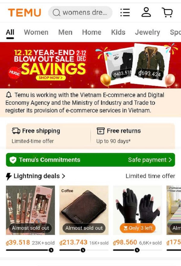 Temu đổi giao diện sang tiếng Anh, tạm dừng bán hàng vào Việt Nam. (Ảnh chụp màn hình)