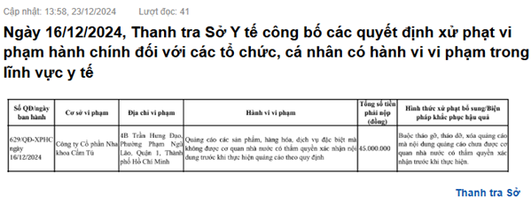 Thông tin xử phạt Nha khoa Cẩm Tú của Thanh tra Sở Y tế TP HCM - Ảnh chụp màn hình